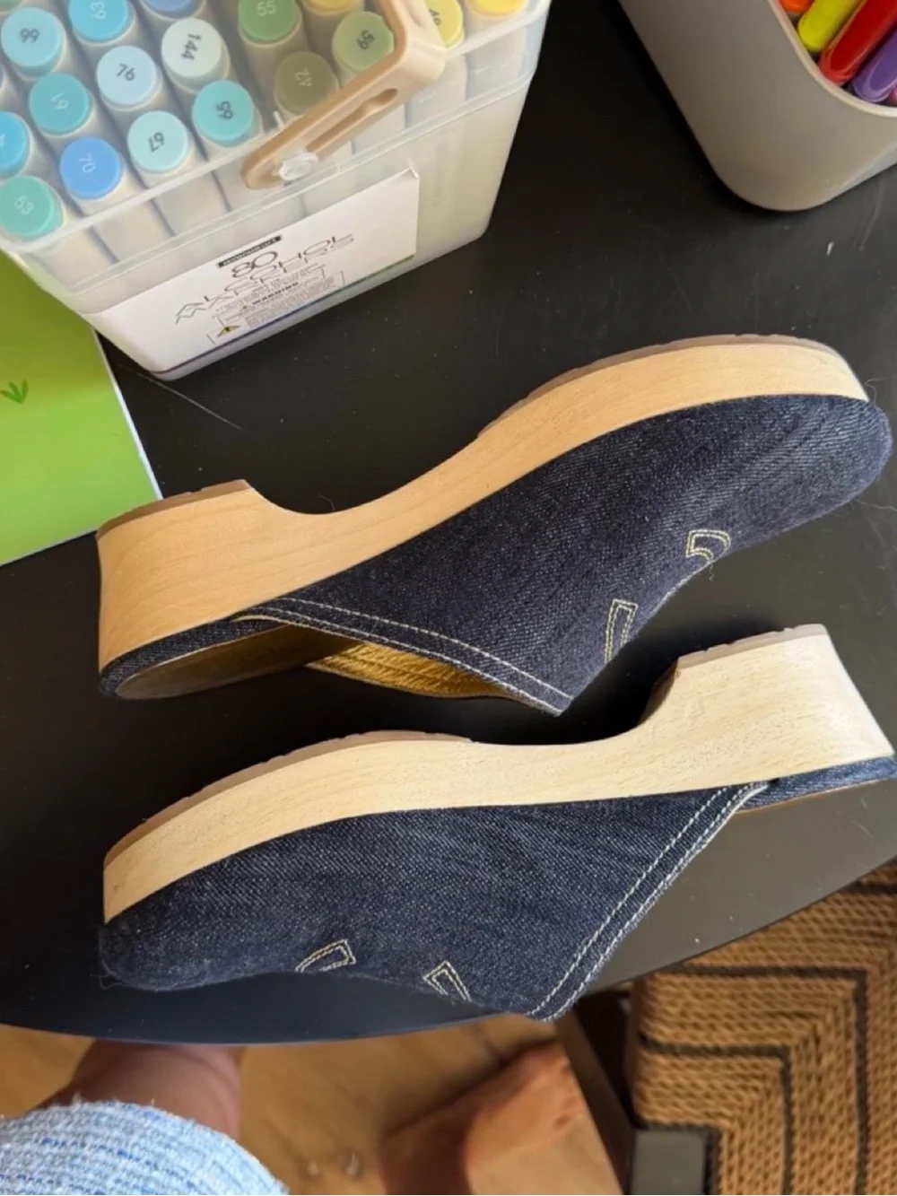 CHANEL Black Denim Logo Slip-On Mules